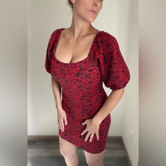 Free People Bodycon Dress Red Jacquard Balloon Sleeves Small Stretchy - Picture 1 of 10
